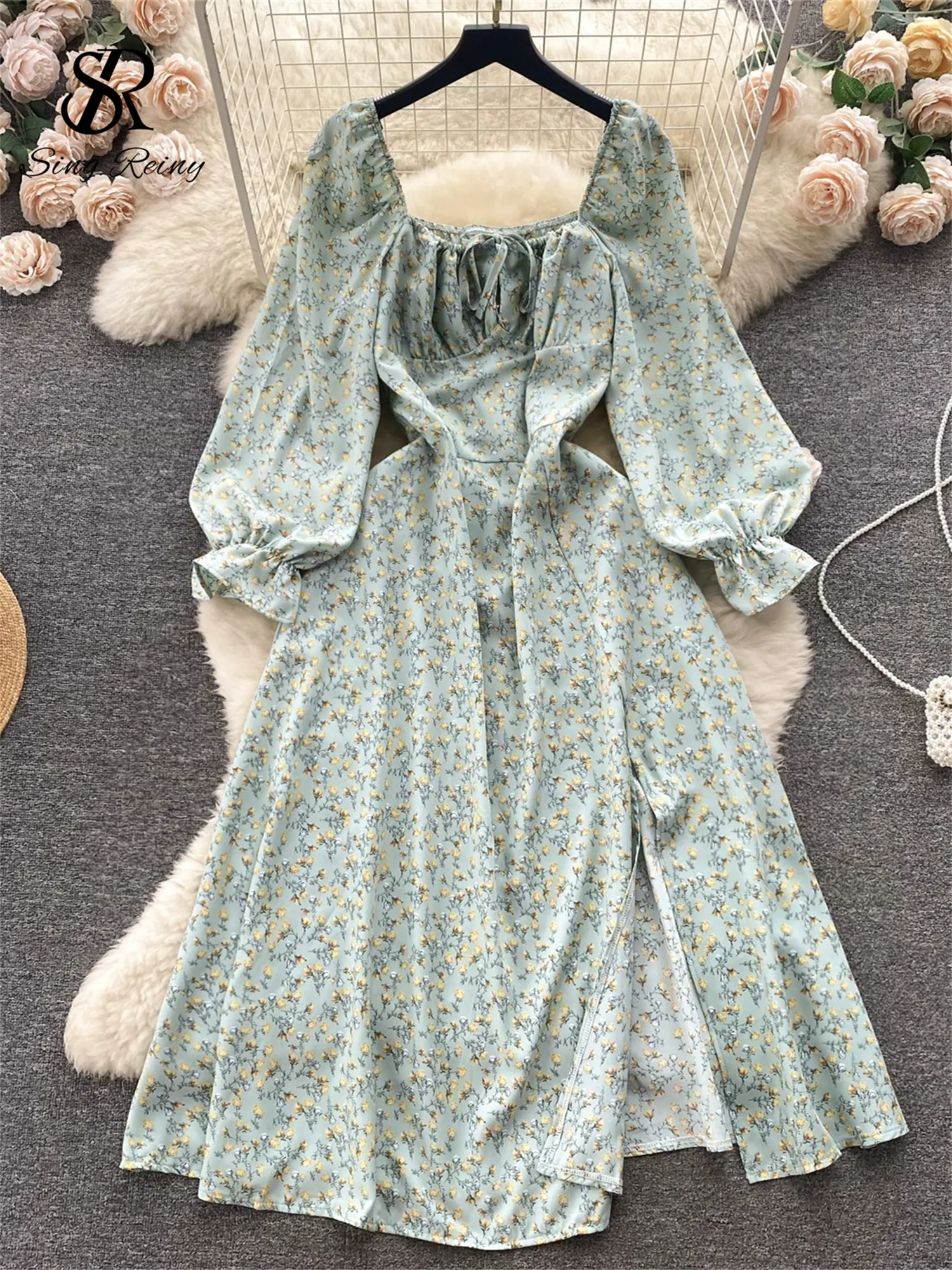 Maxct Summer Chiffon Split Midi Dress Women Square Collar Puff Sleeve Elastic Waist Gentle Korean Flora Print Sexy Dress