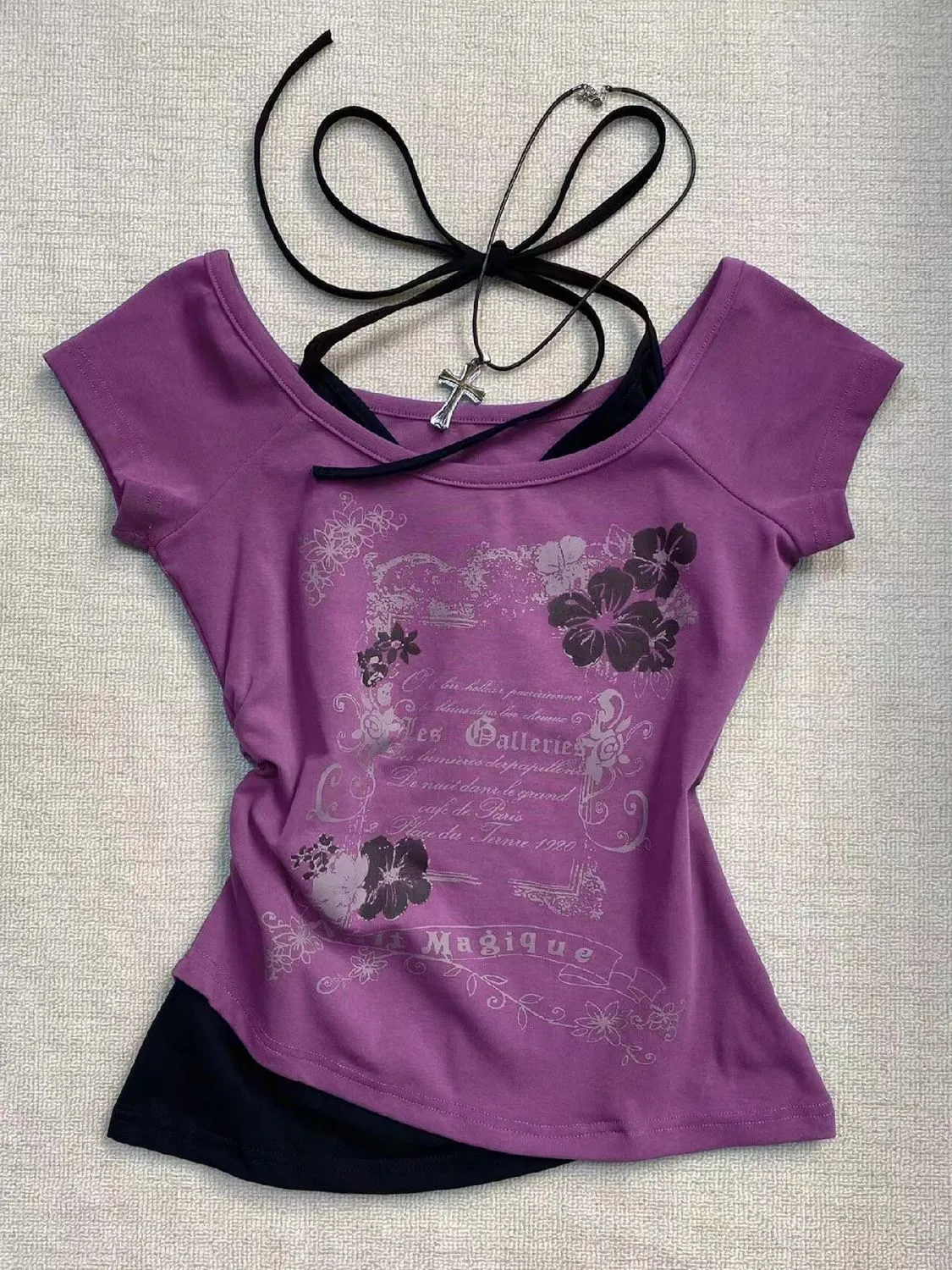 Retro Purple Halter Fake Two Piece Printed T-Shirt Women Y2K Streetwear Hot Girl Slim Fit Millennium Harajuku Fashion Casual Top