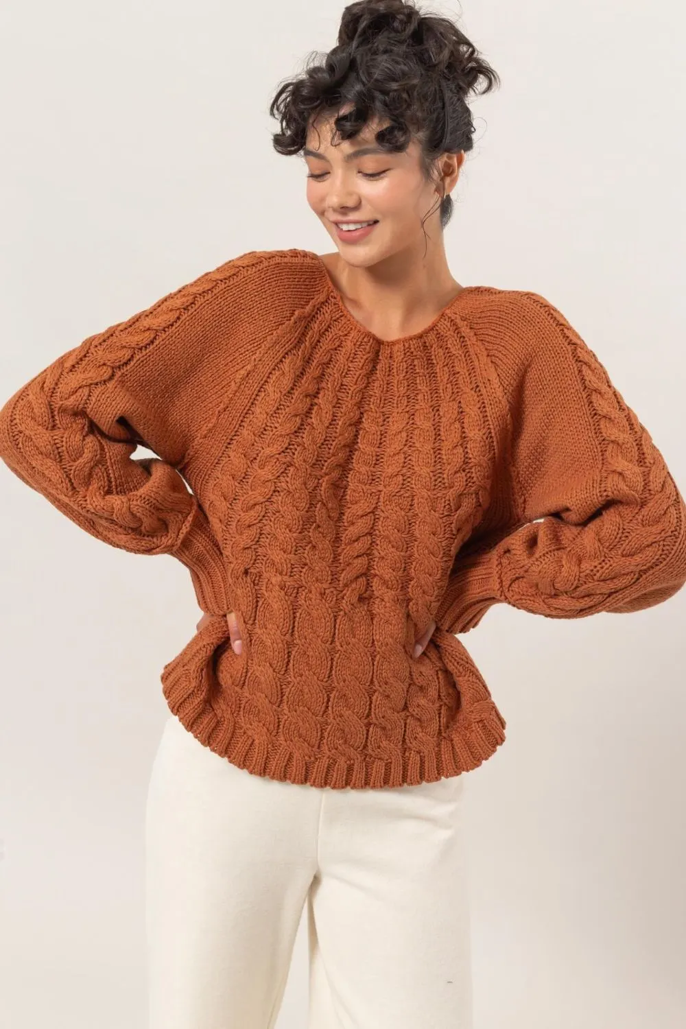 Maxct &HYFVE Cable-Knit Round Neck Raglan Sleeve Sweater