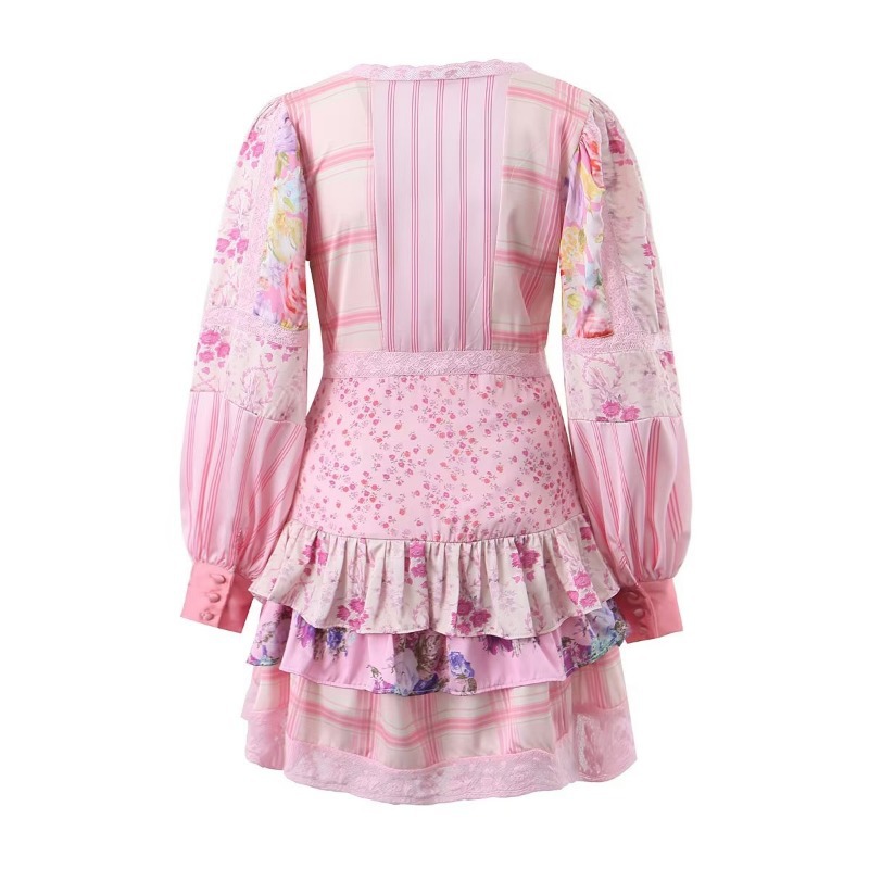 Inspired crochet-trimmed floral print cotton mini dress wrap-like summer dress cute V-neck short sleeve party dress women