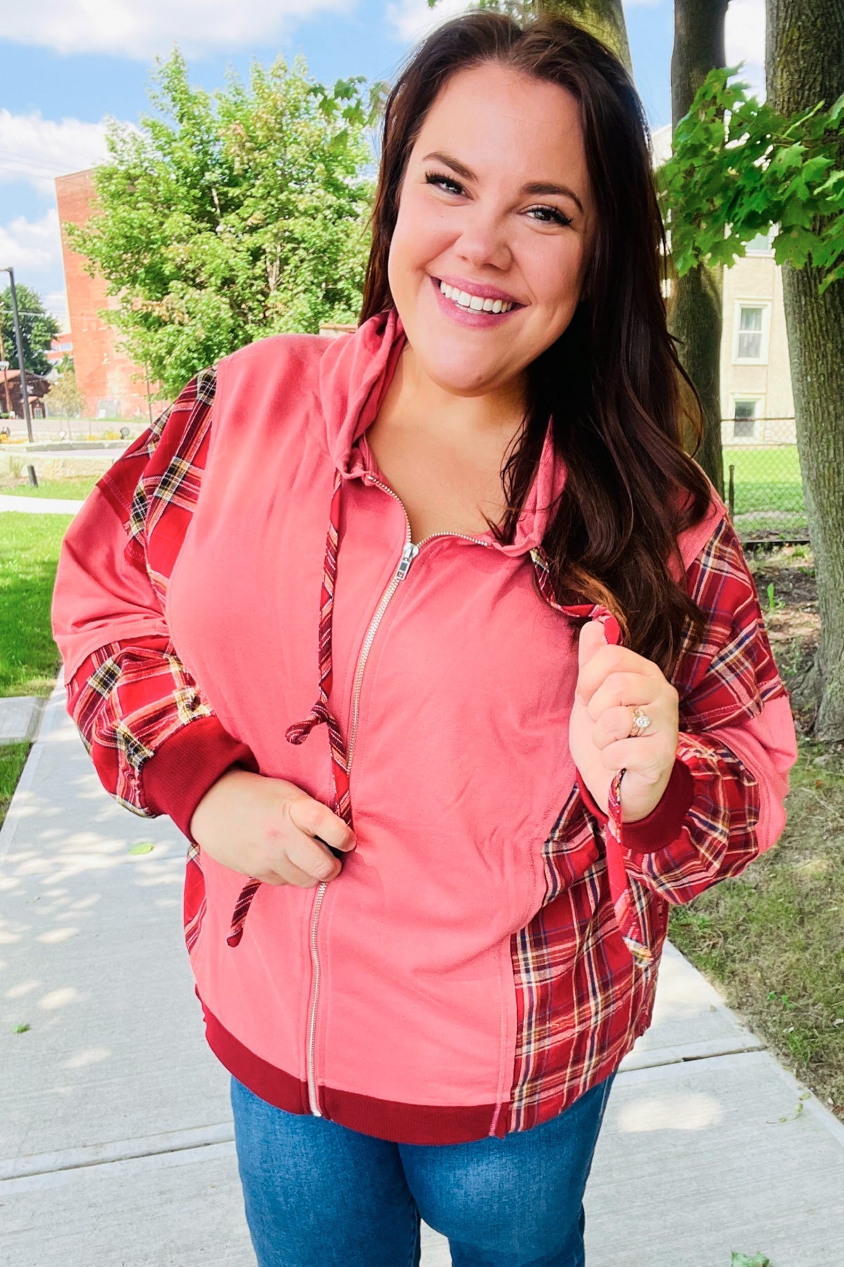 Maxct &Adorable in Marsala Plaid Color Block Zipper French Terry Hoodie