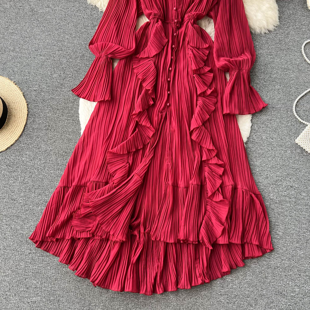 Chiffon Pleated Long Dress Women Vintage V-Neck Flare Sleeve Draped Ruffle Vestido Female Maxi Robe Spring Fall 1215-1