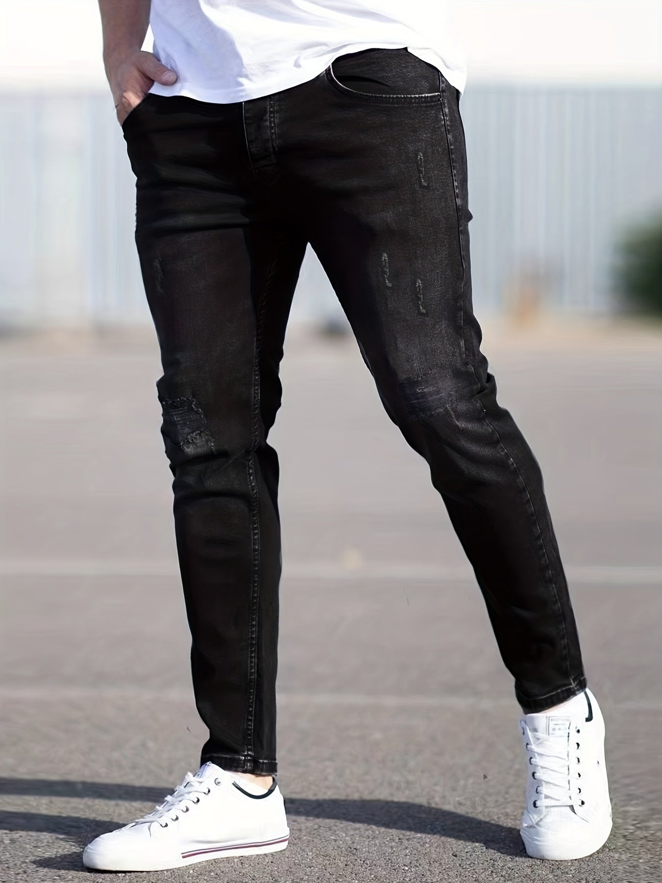 Maxct  Slim Fit Ripped Jeans, Men's Casual Street Style Distressed Mid Stretch Denim Pants For Spring Summer