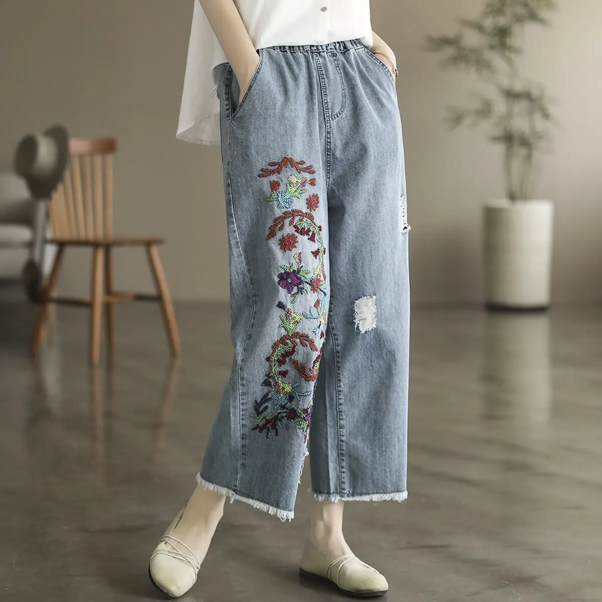 Maxct Women Autumn Art Floral Casual Denim Jeans Pants