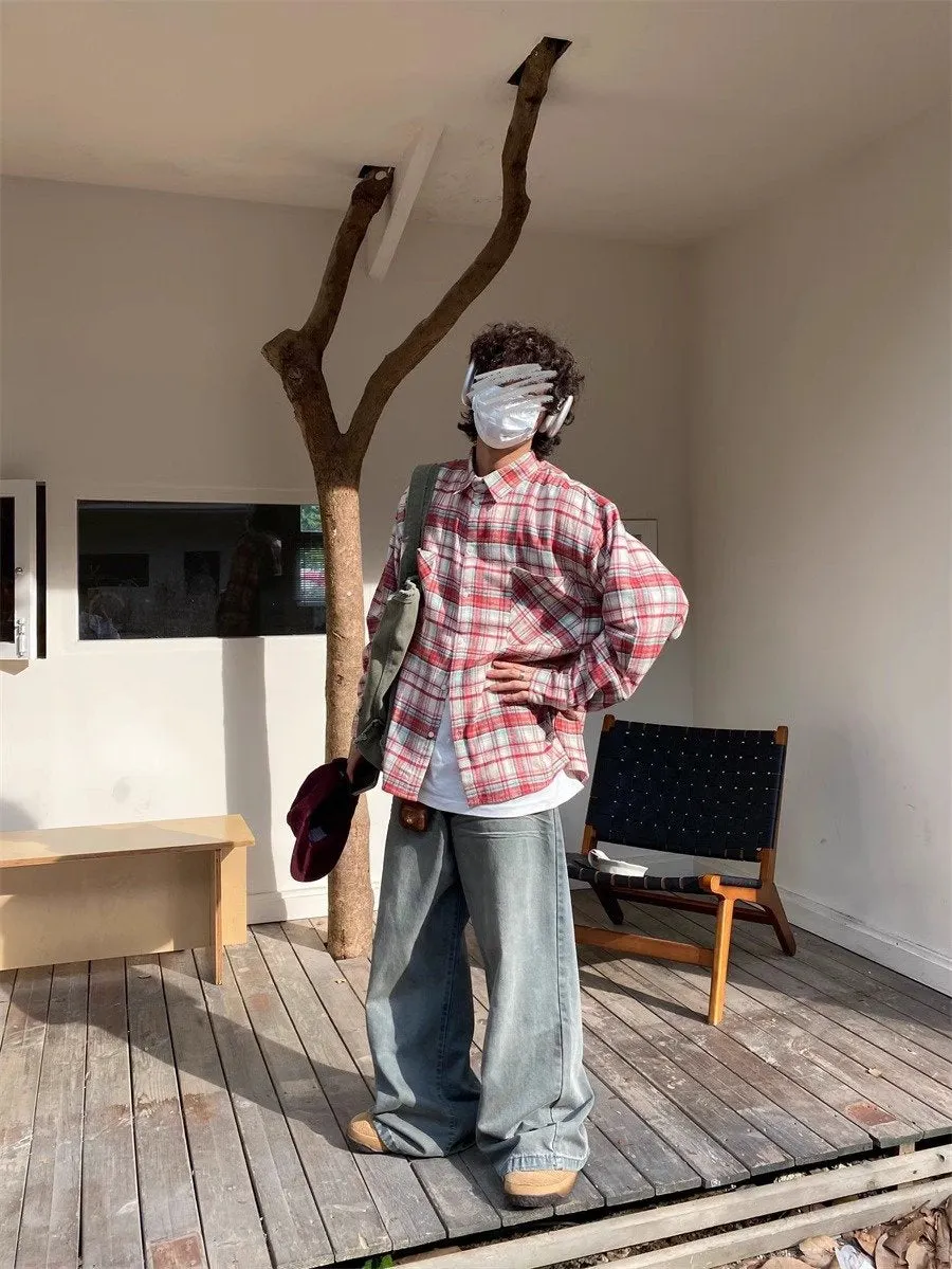 Maxct 90s Streetwear American Retro Plaid Shirt Men's Spring And Autumn New Loose Casual Lazy Style Long-sleeved Shirt All-match Coat Top