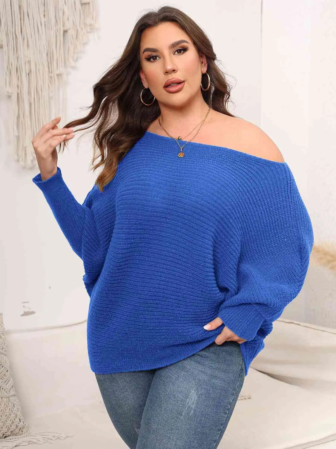Maxct &Full Size Boat Neck Batwing Sleeve Sweater