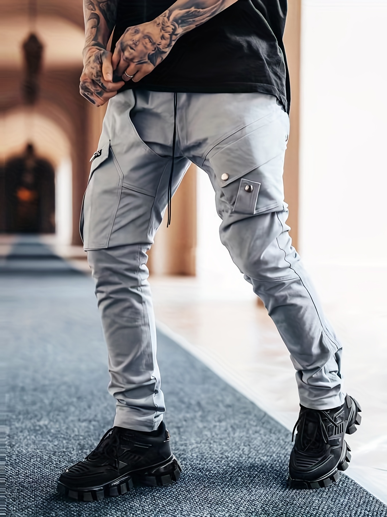 Men's Drawstring Cargo Pants, Zip Pocket Slim Fit Trendy Outdoor Pants, Mens Work Pants, Tactical Pants