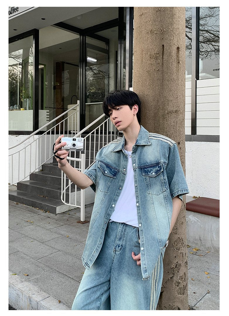 Maxct 90s Streetwear Niche Vintage Washed Padded Shoulder Short Sleeve Denim Shirt Spring And Summer New Korean Style Design Sense Shirt Coat Top - Image 13