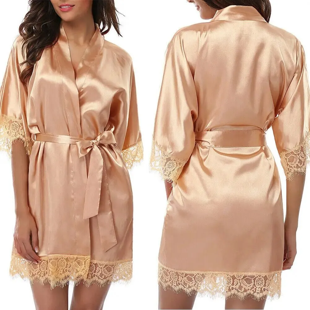 Maxct Women Night Gown Satin Robe Bathrobe Satin Nightgown Halt Sleeve Pajamas Lingerie Night Mini Dress Lace Sexy Sleepwear hot sale
