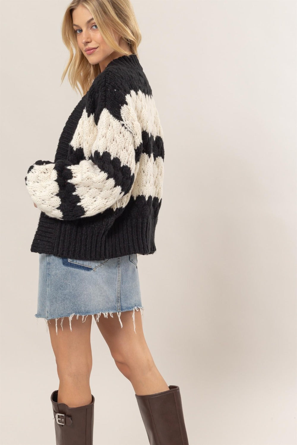 Maxct &HYFVE Scallop Striped Open Front Long Sleeve Sweater Cardigan
