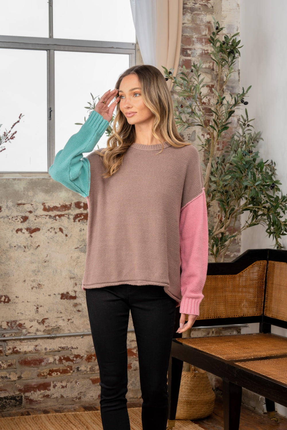 Maxct &Sew In Love Full Size Color Block Drop Shoulder Sweater