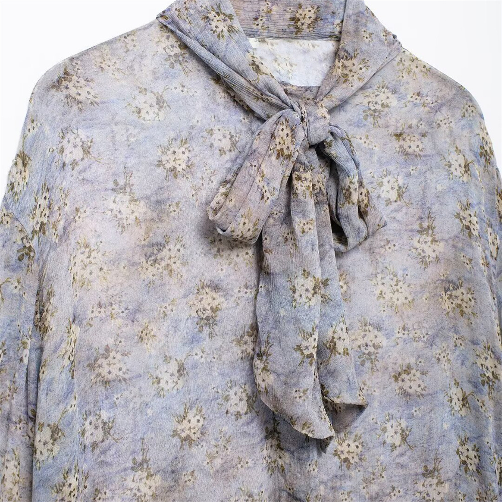 Autumn New Product Women's Casual Versatile Loose Bow Tie Decoration Printed Long Sleeve Shirt Top
