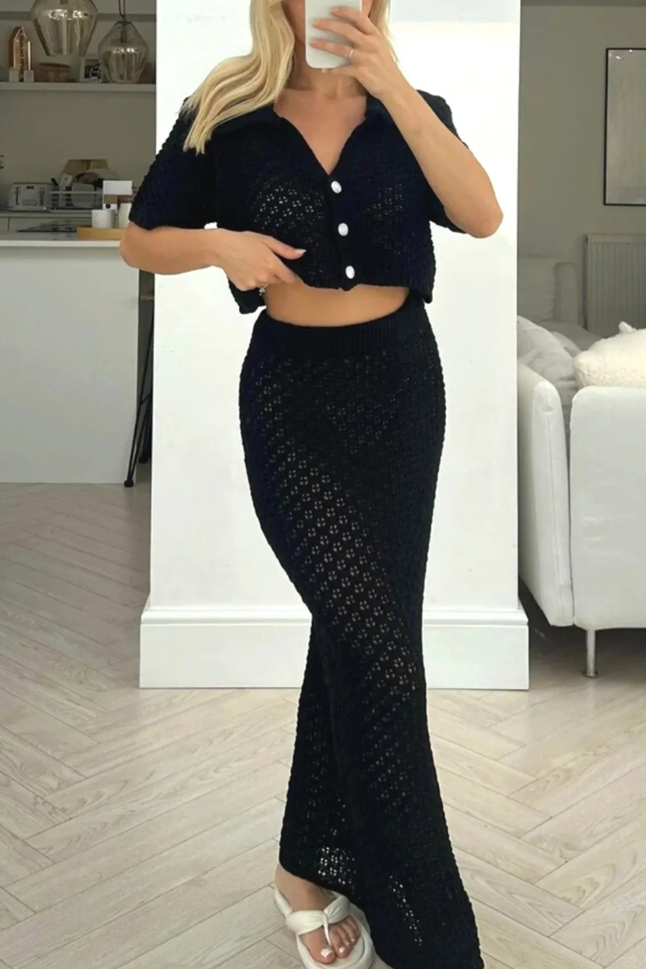 Maxct Hollow Out Crochet Blouses Midi Skirt Suits