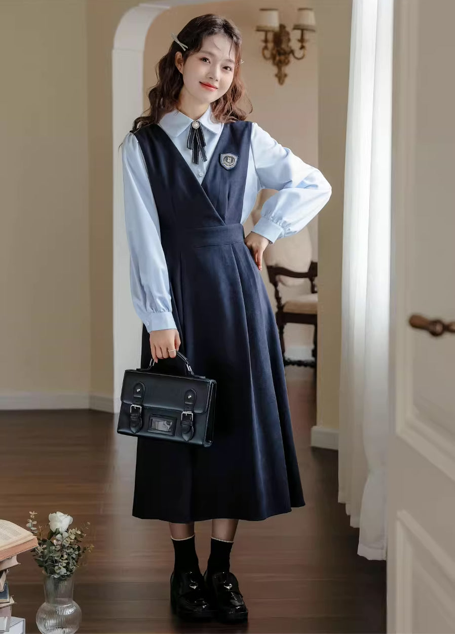 Corduroy Suede Midi Pinafore Dress & Blouse Set Maxct