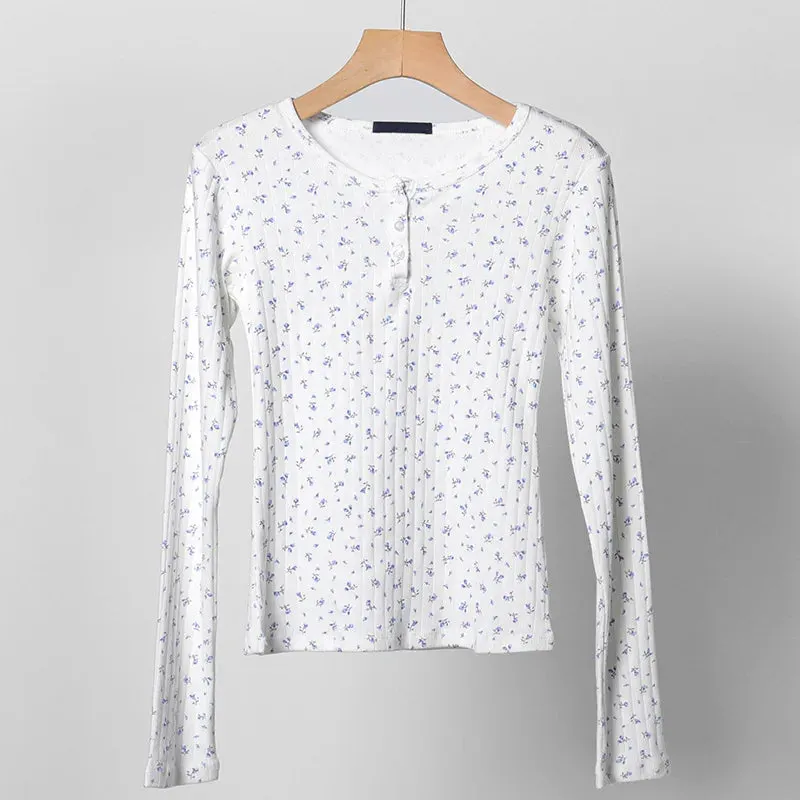 Maxct Chic Women Sweet Floral Hollow Out T-shirt Ribbed Cotton Long Sleeve Basic Tees Autumn Button Up Slim Fit Crop Top Clothes