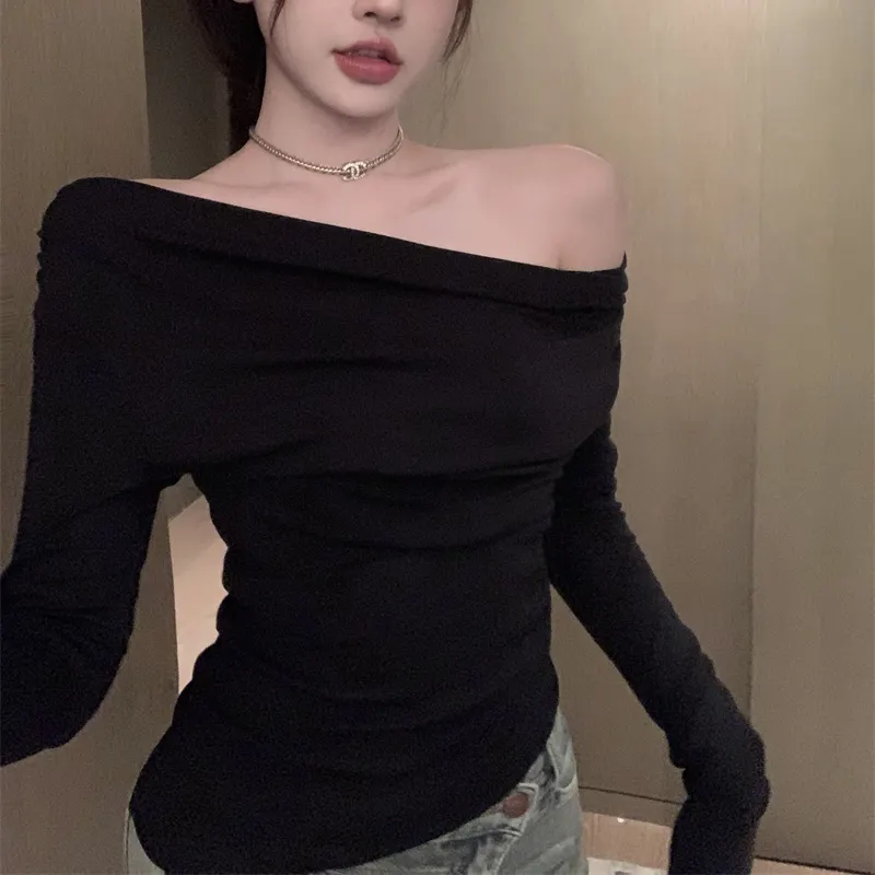 Black Solid Slash Neck Elegant Long Sleeve Tops Fashion Slim Sexy Cropped T Shirt Skinny Women Y2k Clothing Autumn Casual Shirts