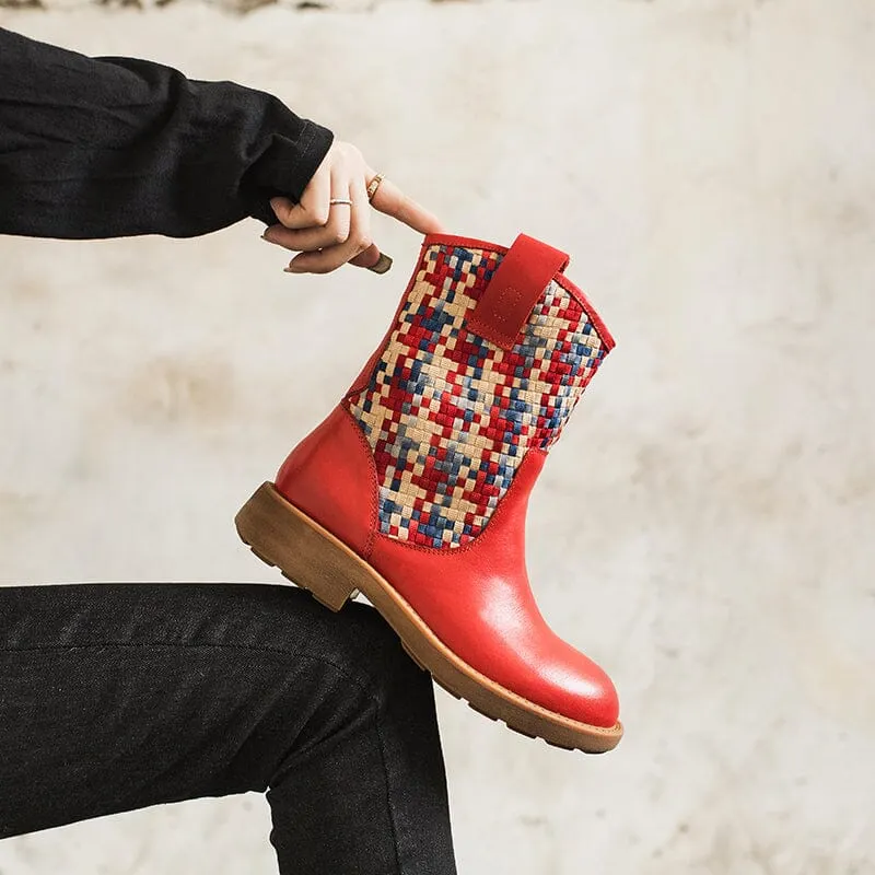 Woven Boots Mid Calf Color Blocking Design Cowgirl Boots Maxct