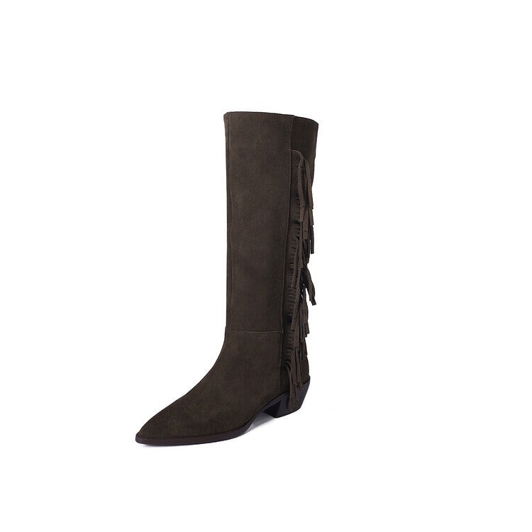 Womens Suede Knee High Boots 40mm Block Heel Tassels Cowboy Boots Maxct
