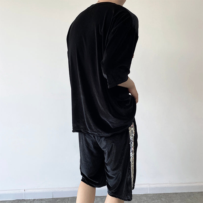 Maxct Glitter Sequin Pocket Velvet T-Shirt Shorts Set