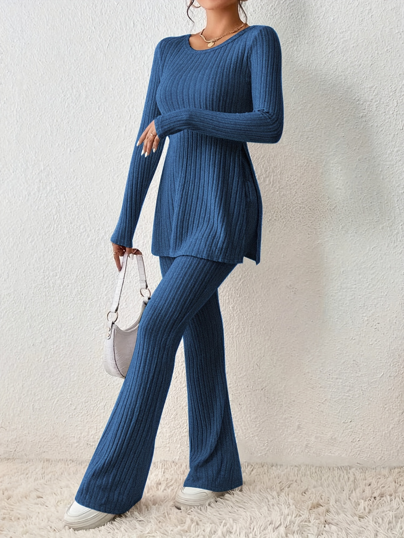 Solid Textured Two-piece Set, Long Sleeve Slit Long Length Top & Skinny Pants Outfits, Women's Clothing