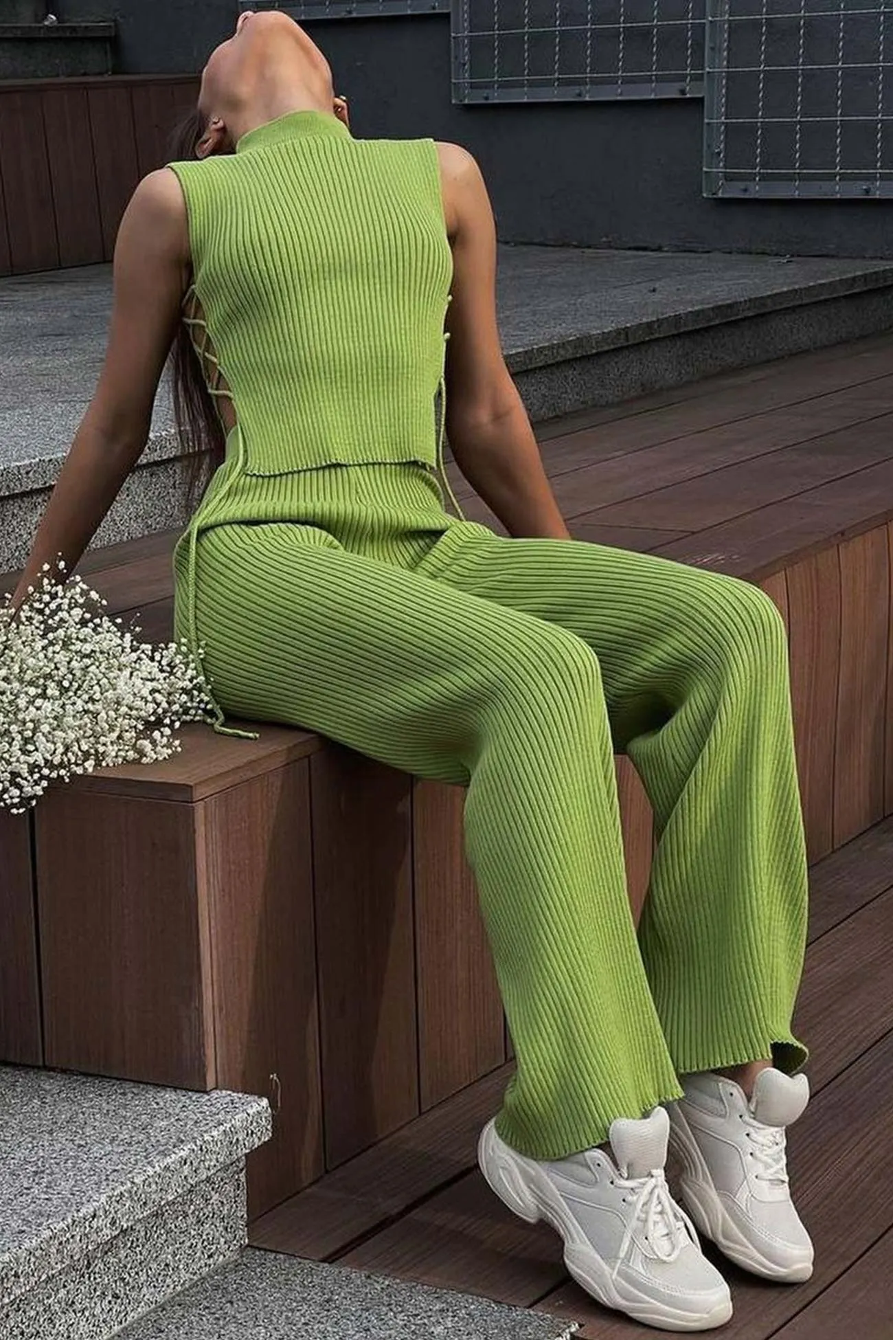 Maxct Ribbed Knit Lace-up Tank Top Pants Suits