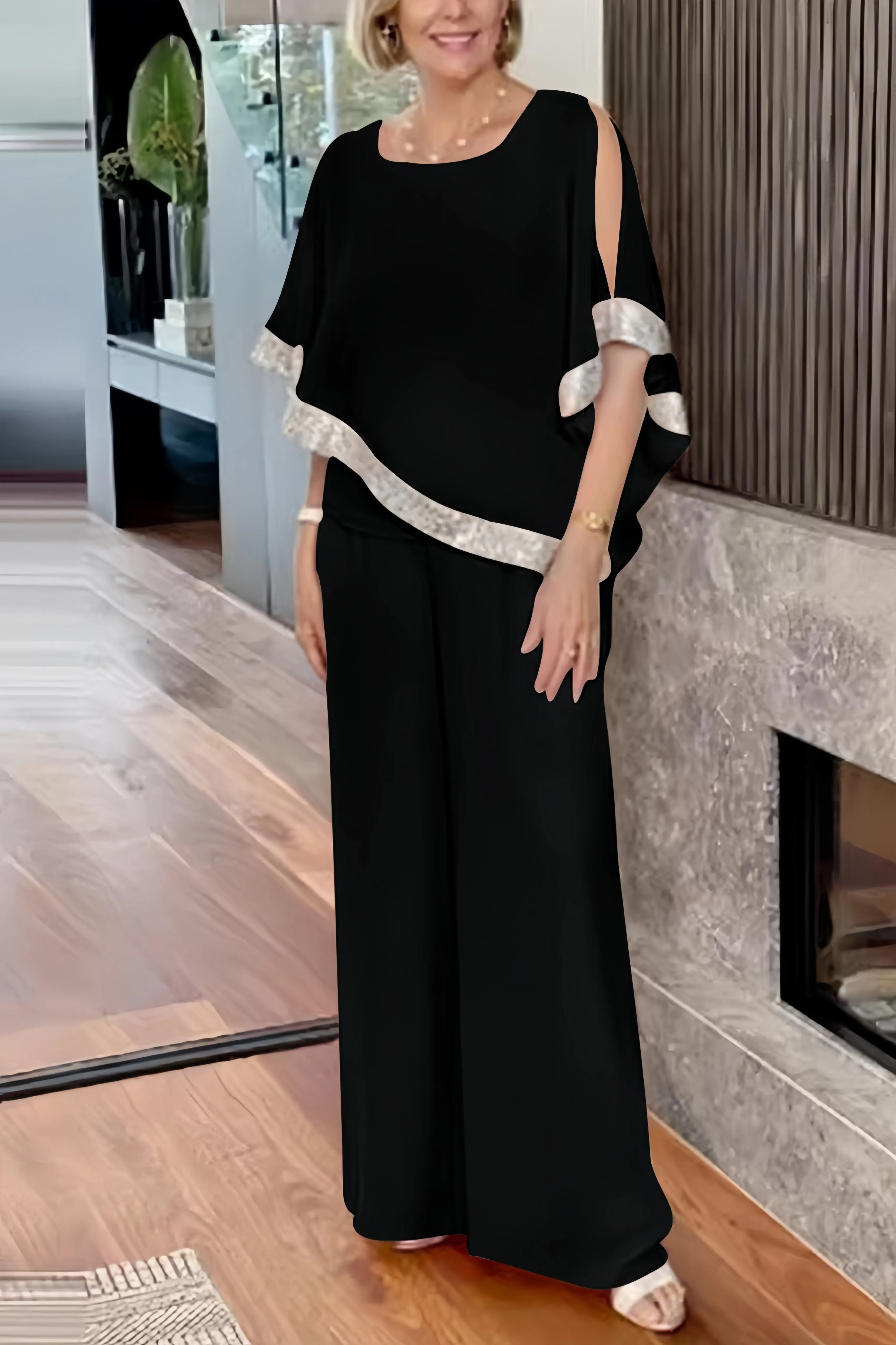 Maxct Sequins Patchwork Slit Bat Sleeve Long Pants Suits