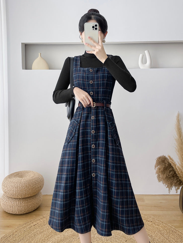 Button Up Plaid Pinafore Dress Maxct