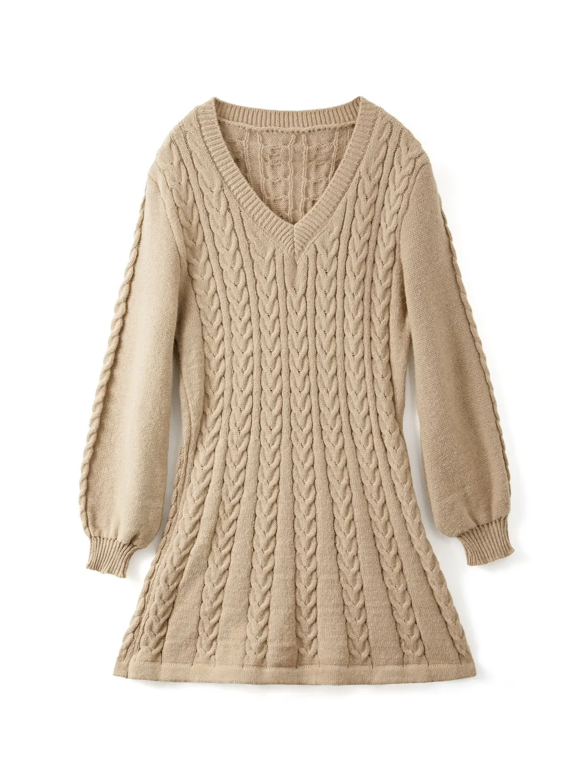 V Neck Cable Knit Long Sleeve Mini Dress Maxct