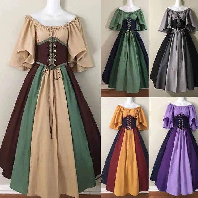 Maxct costume ideas Medieval Retro Contrast Color Slim Dress Flying Sleeve Large Swing Skirt off-Shoulder Dress Women's Cos Clothing Performance