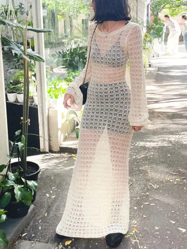 Crochet Hollow Backless Long Sleeve Cover Up Maxi Dress Maxct