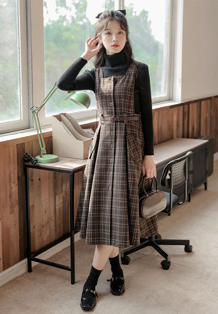 Button Up Plaid Pinafore Dress Maxct