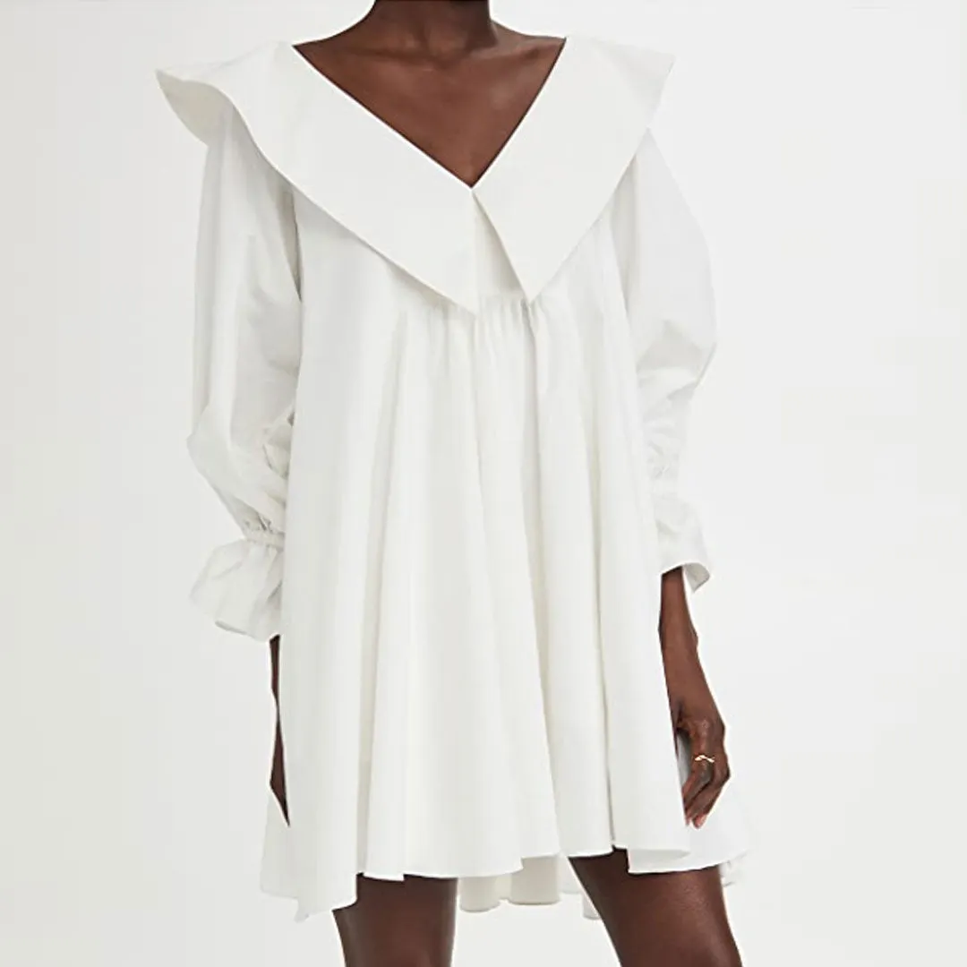 Cute Chelsea Collar V Neck Balloon Sleeve Babydoll Mini Dress - White Maxct