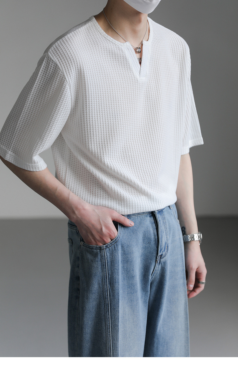 90s Streetwear Summer New Korean Style Loose Small V-neck Short-sleeved T-shirt Men's Fashion Brand Wafflet High-end Sense Half-sleeved T-shirt Top