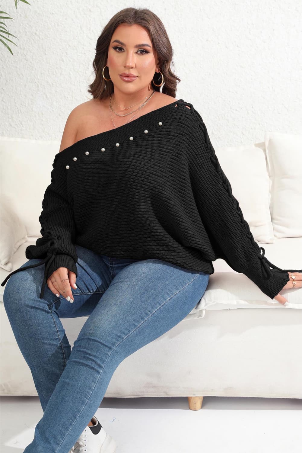 Maxct &Plus Size One Shoulder Beaded Sweater
