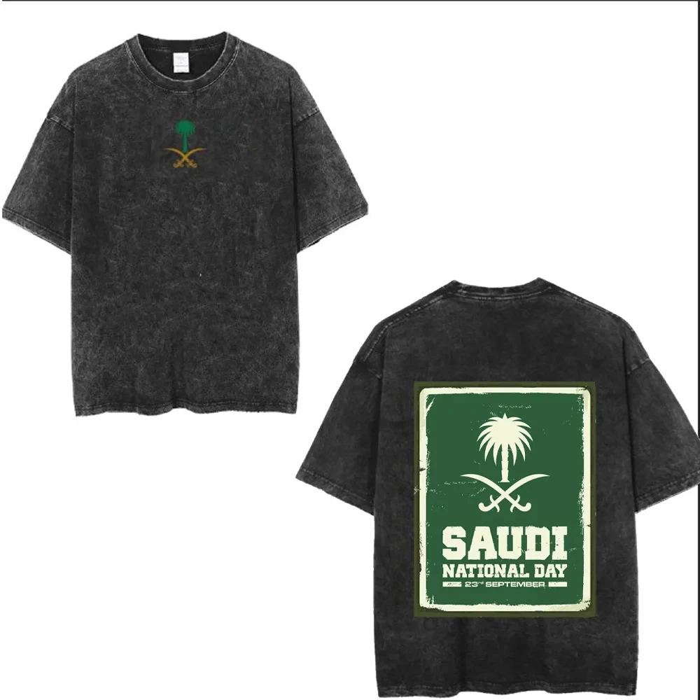 Maxct Saudi National Day Women T-shirt Cotton Clothing Short Sleeve Tops Eid Al-Fitr Tshirt Washed Men T Shirts Summer Tees Casual Top