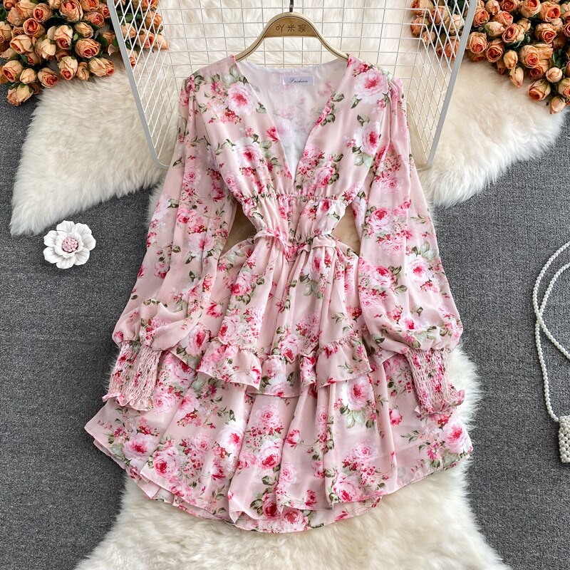 Women's Green/Purple/Beige Floral Chiffon Dress Bohemian V-Neck Lantern Long Sleeve High Waist Ruffle Vestidos Female New