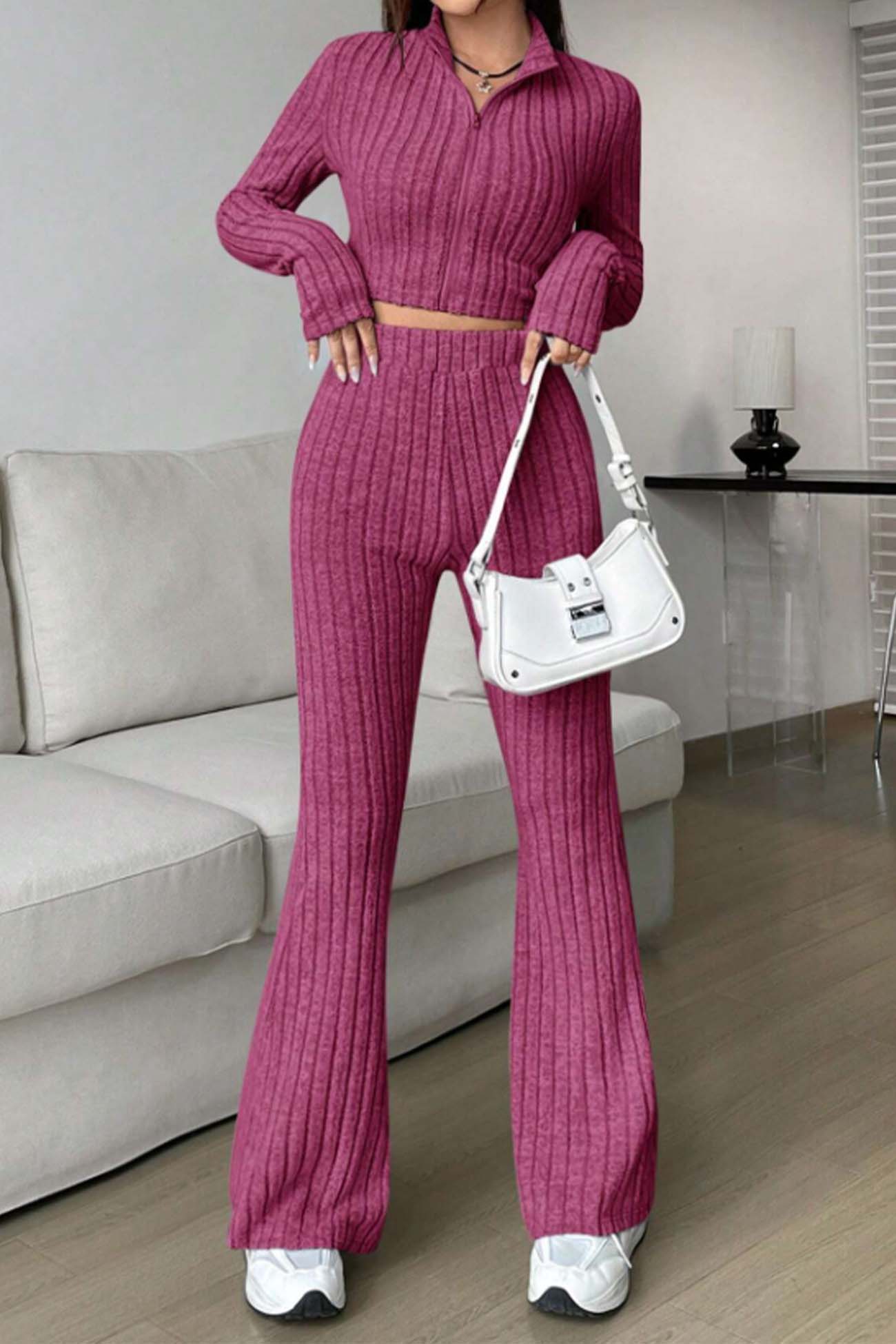 Maxct Zip Long Sleeve Ribbed Flared Pants Set