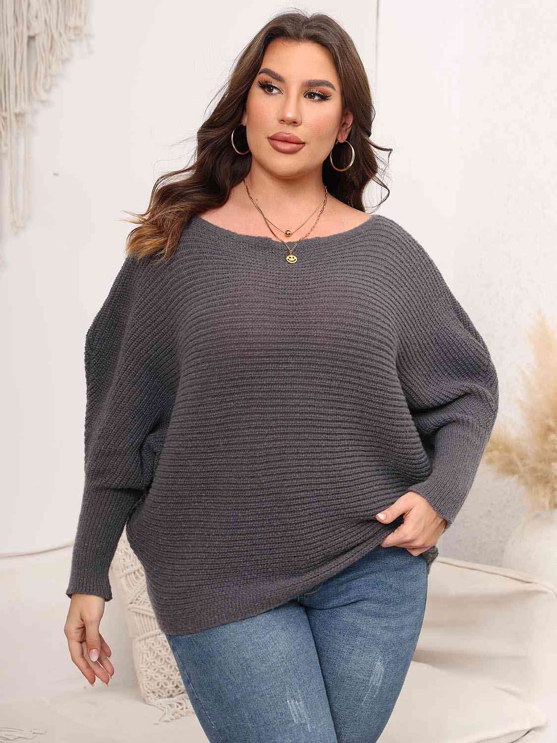Maxct &Full Size Boat Neck Batwing Sleeve Sweater