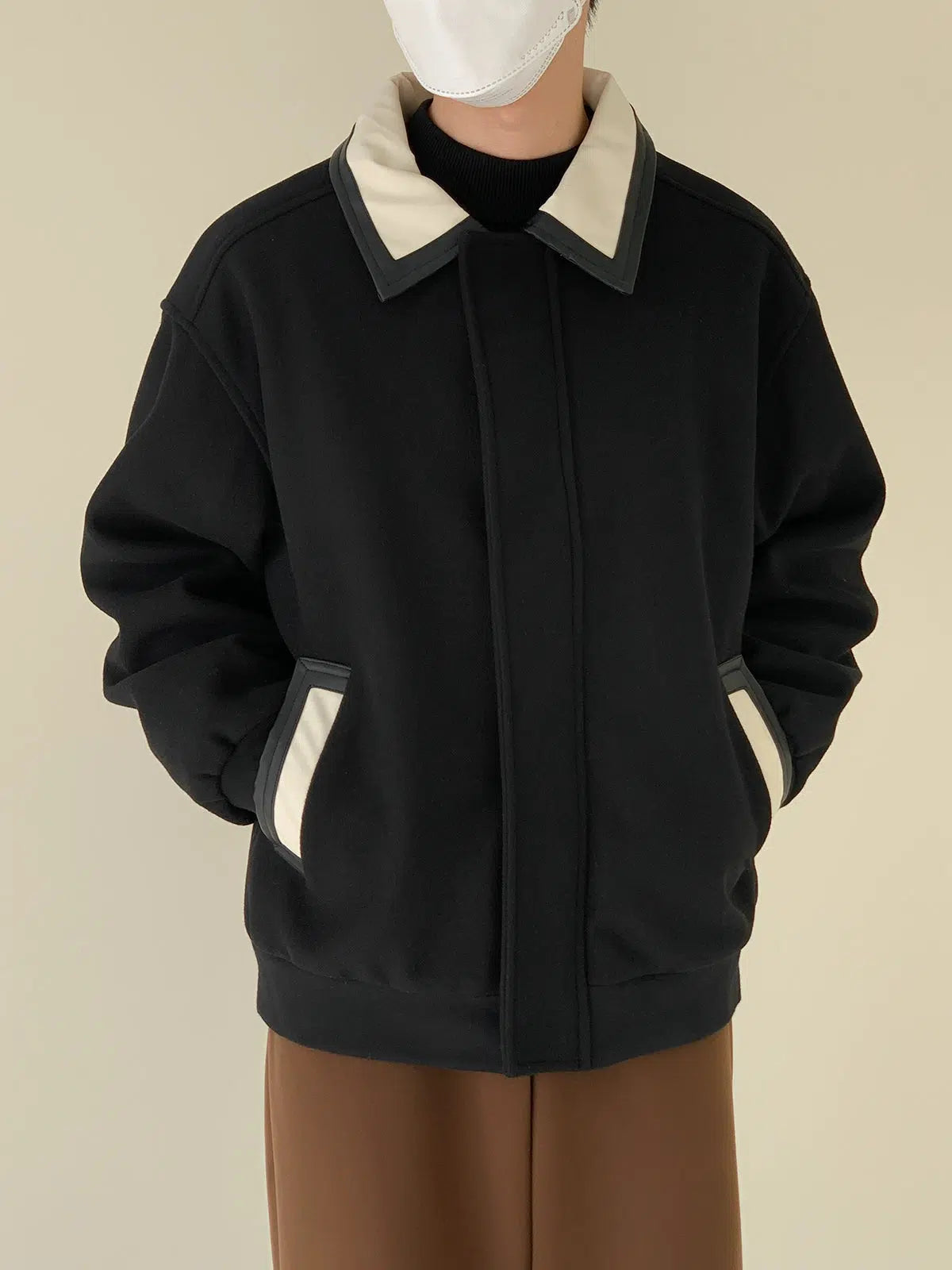 Maxct Contrast Color PU Leather Collar Wool Jacket