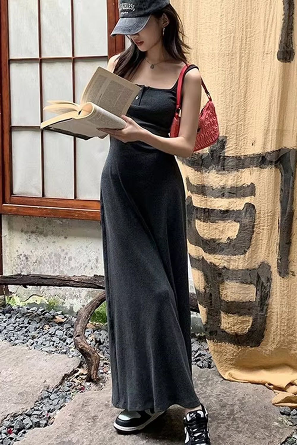 Square Collar Buttons Sleeveless Off Shoulder Long Dress Maxct