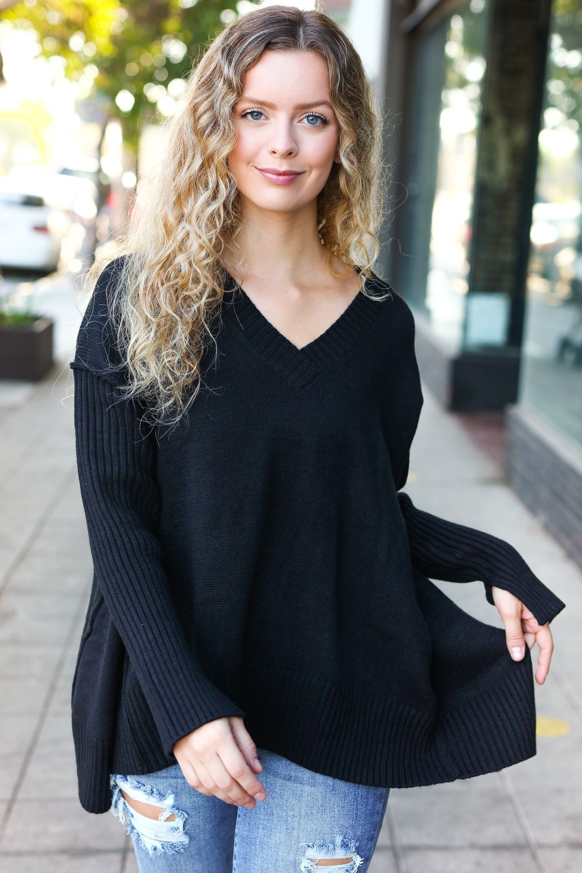 Maxct &Casual Chic Black Oversized V Neck Rib Knit Sweater