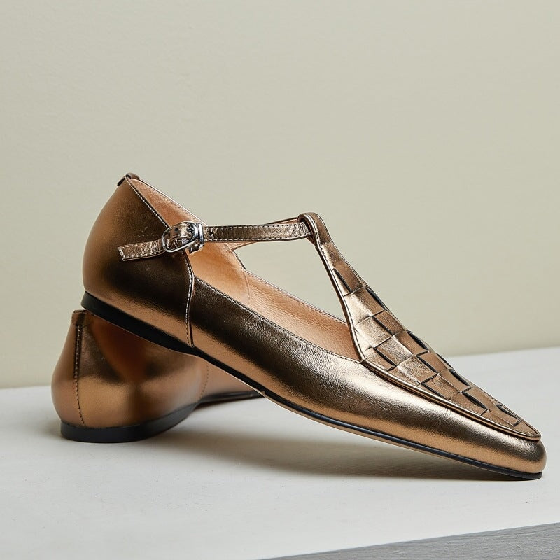 Woven Gladiator Sandals T Strap Mary Jane Flats Point Toe Maxct