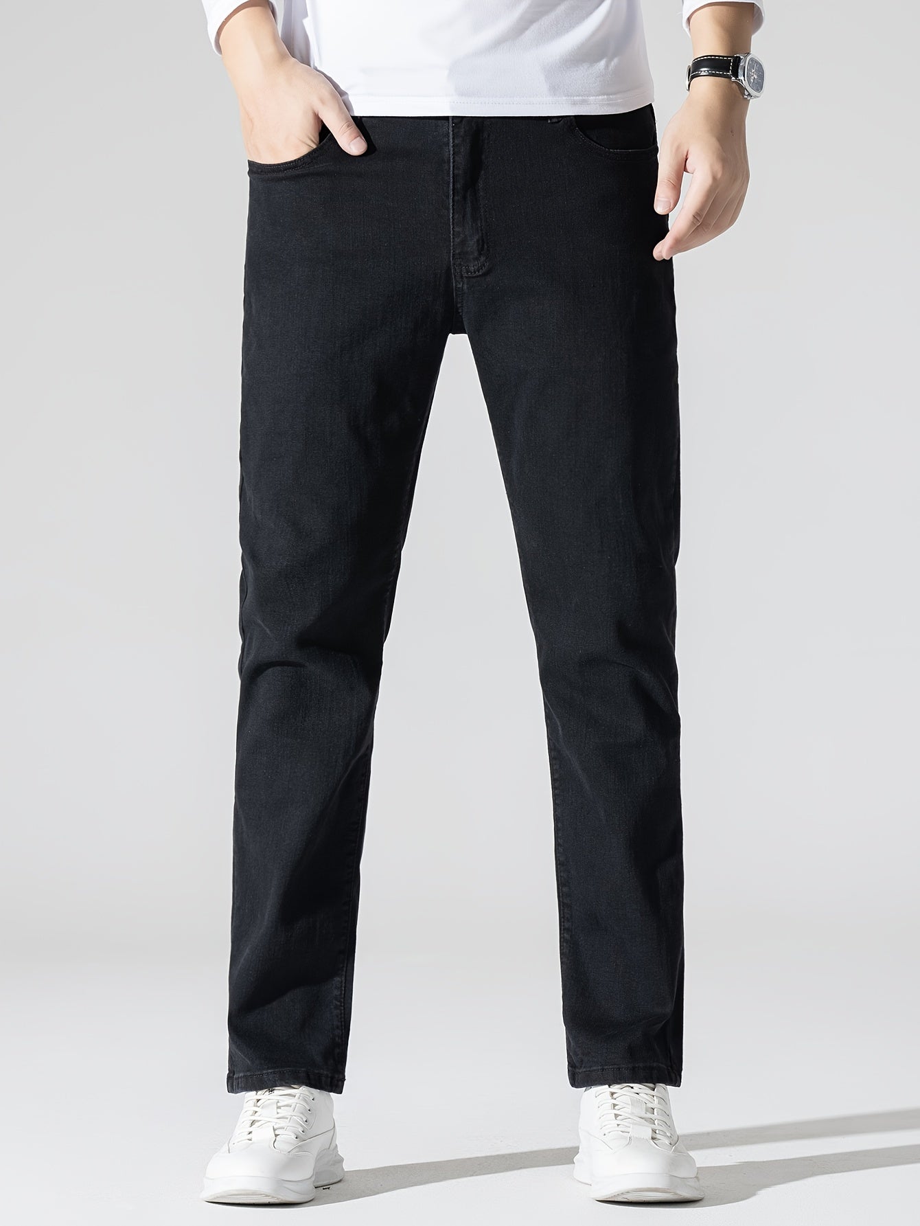 Men's High Stretch Jeans For Business, Slim Fit Denim Pants With Pockets For Spring Fall