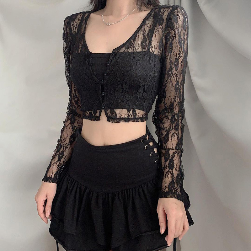90s Vintage Button Up Long Sleeve Crop Top Floral Lace Transparent T-shirt Korean Harajuku Slim Fit Tees Y2K Women Streetwear