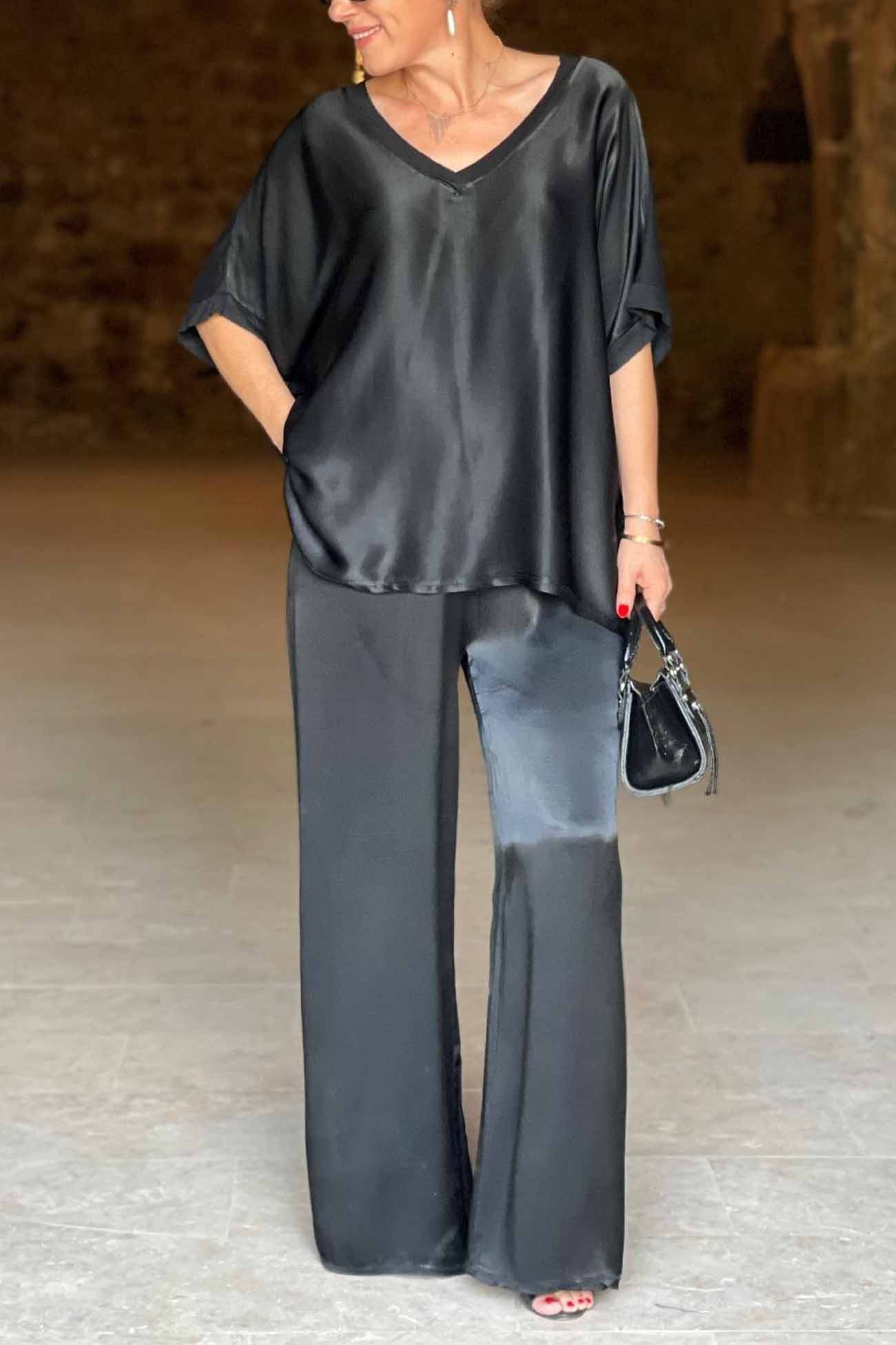 Maxct Satin V Neck Half Sleeve Long Pant Set