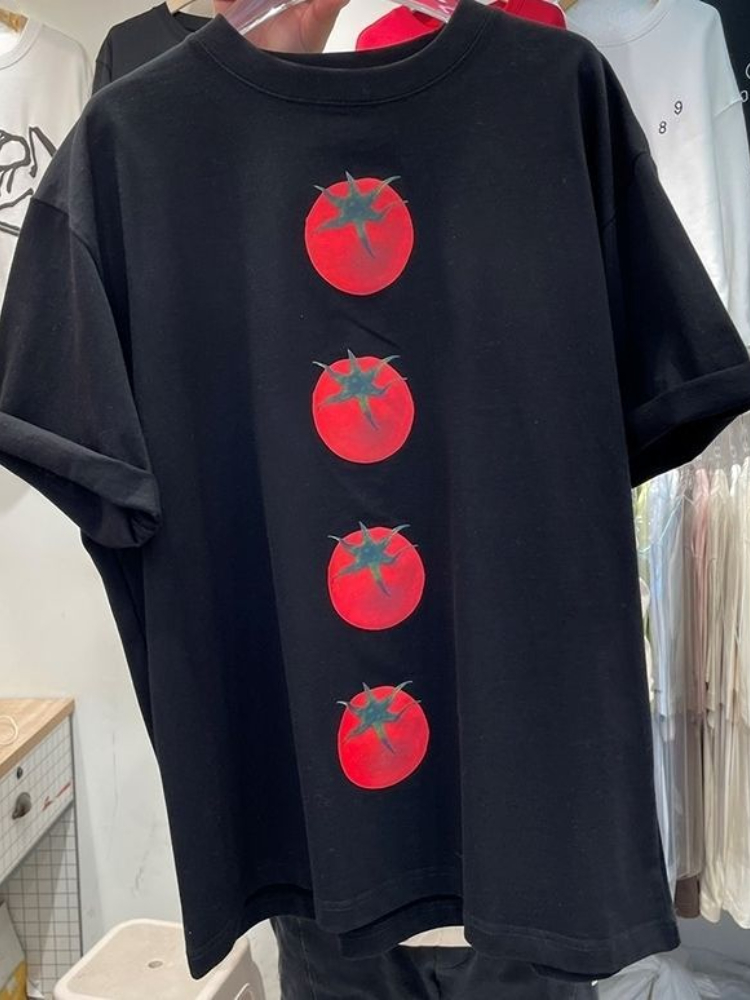 Maxct Summer Y2k Aesthetic Loose Tees Kawaii Cute Tomato Print T-shirts Short Sleeve O Neck Fashion All Match Tops Women