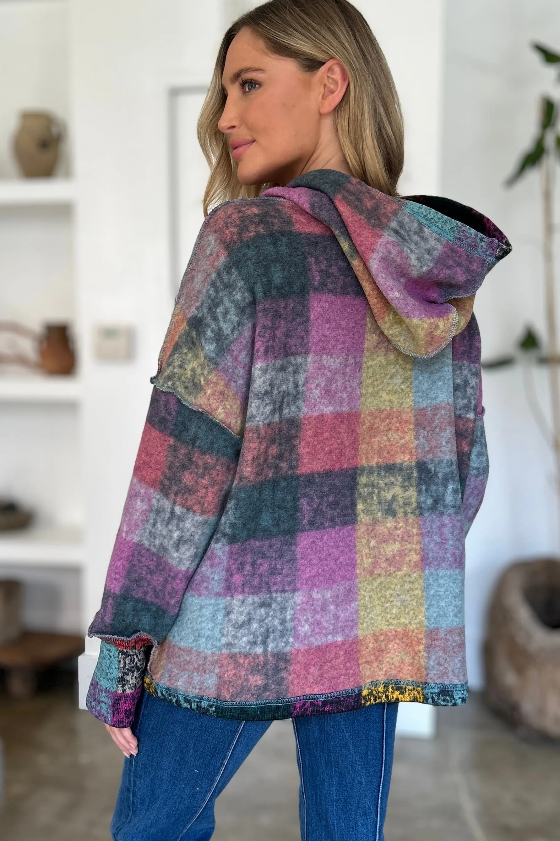 Maxct &Double Take Full Size Plaid Dropped Shoulder Fleece Hoodie