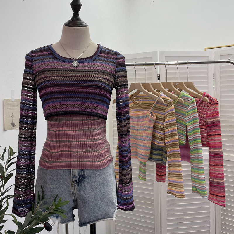 Maxct outfit inspo fall American Hot Girl Contrast Color Striped Stitching Short Navel Blouse + Slim Camisole Two-Piece Set 8869