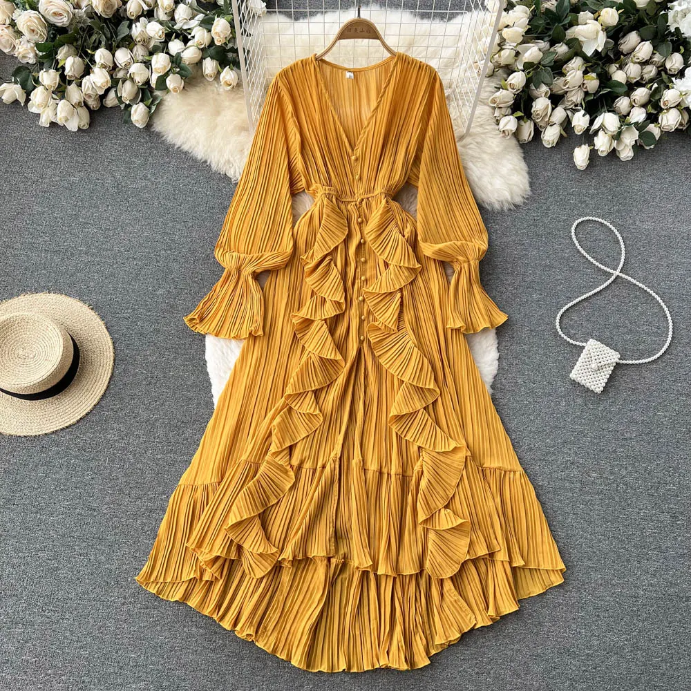 Chiffon Pleated Long Dress Women Vintage V-Neck Flare Sleeve Draped Ruffle Vestido Female Maxi Robe Spring Fall 1215-1