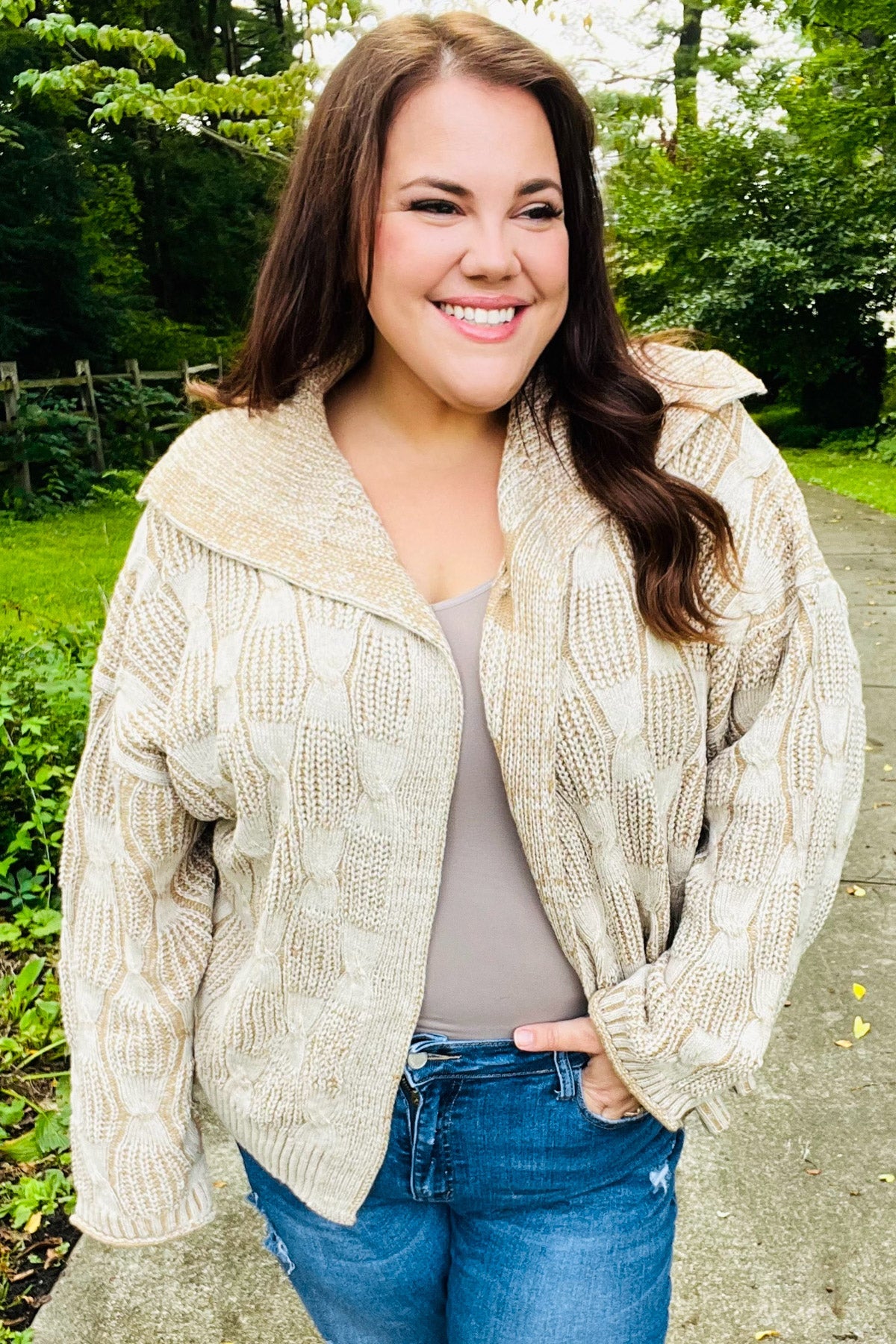 Maxct &Autumn Vibes Taupe Textured Cable Knit Collared Cardigan